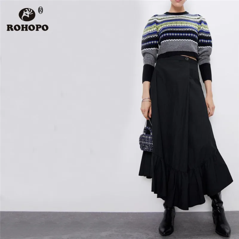 ROHOPO, градиентная юбка миди, хаки, черная, высокая талия, гофрированная, хлопок, одноцветная, до середины икры, Falda, ниспадающие женские юбки#9435