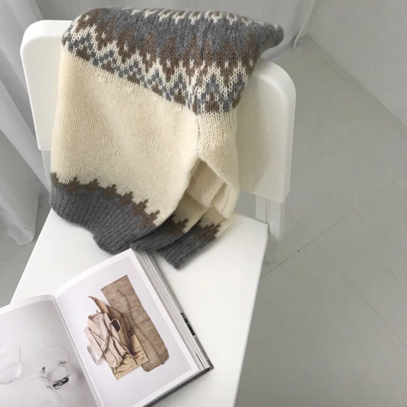Argyle Sweater Women Thicken Vintage Autumn Winter Jumpers Long Sleeve Pullover Jacket Knitted Harajuku Korean Christmas V810