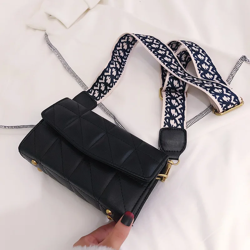 

2020 High Quality Leather Woman Handbag Grid Shoulder Bag Fashion Casual Wide Strap Crossbody Bag Luxury Designer Lady Purse Sac