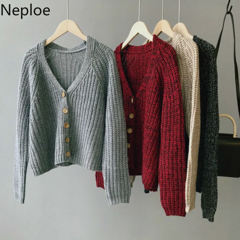 Neploe 2020 Autumn Winter New V Neck Cardigans Sweater Women Short Long Sleeve Outwear Pull Femme Thick Student Coat 46502 |