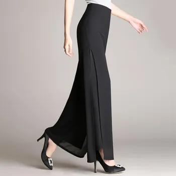 

Women Chiffon Office Wide Leg Pants Solid Casual High Waist Loose Trousers Side Open Elegant Long Pants