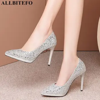 

ALLBITEFO fashion bling design girls high heel shoes spring sexy wedding shoes high heels genuine leather inside women heels