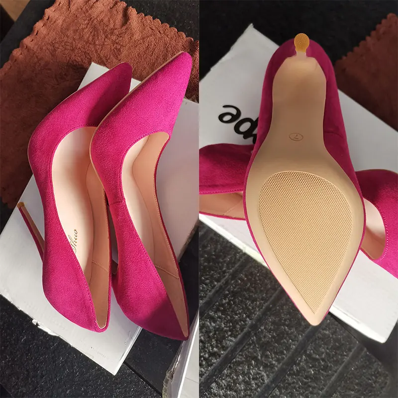 GENSHUO Pumps Women Shoes Flock Leather Slip-On Shallow Wedding Party Pointed Toe High Heels Pump Chaussures Femme Stiletto Pump