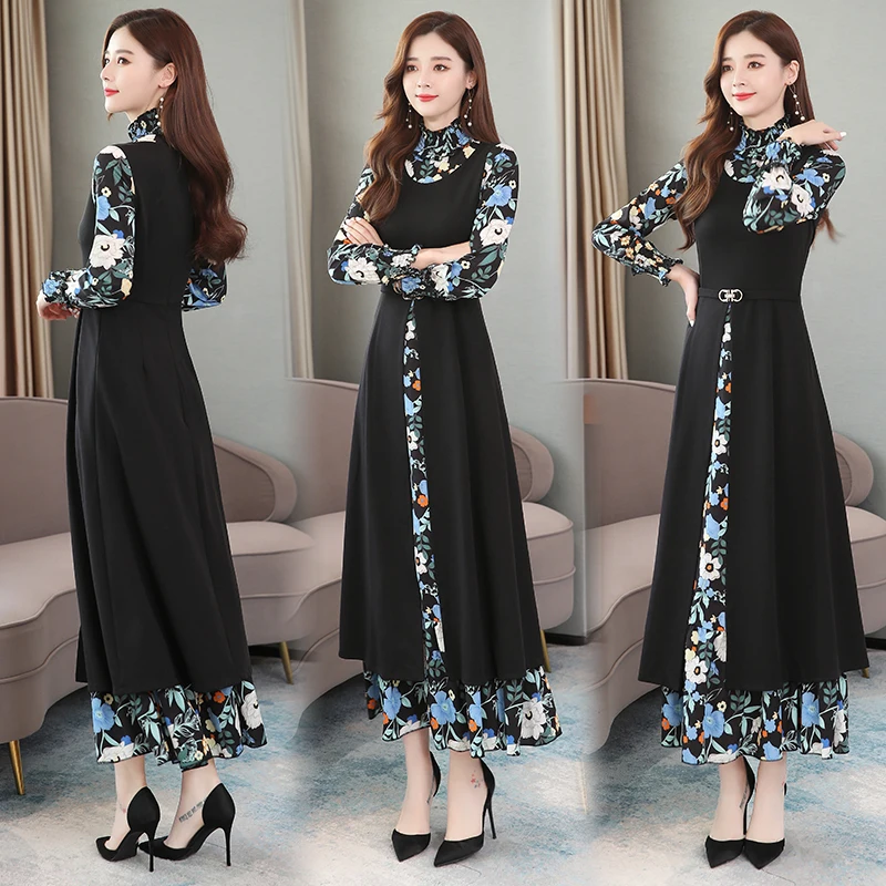 

Autumn Dress Print Stitching Long Sleeved Temperament Party Dress Split Fork Fake Two Pieces Maxi Dresses for Women Red Black
