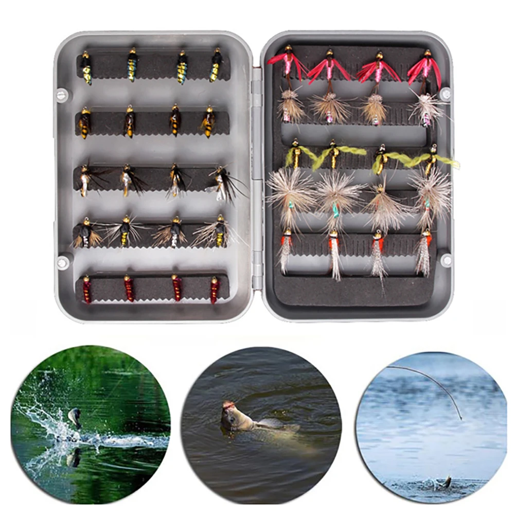 

40pcs Feather Fishing Flies Lures Hook Set Tackle Insects Nymph Scud Butter Fly Bug Worm For Camping Fishing Tools Accessories