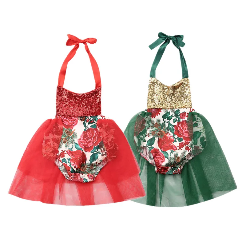 

Cute Summer New Toddler Kids Baby Girls Rompers Dress Sequin Christmas Red Sleeveless Party Dress Chiffon Lace Up Infant Clothes