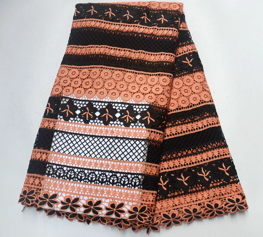 

New frican lace fabrics 5yard Black and peach color guipure lace fabric 2019 high quality african cord lace fabric for wedding dresses