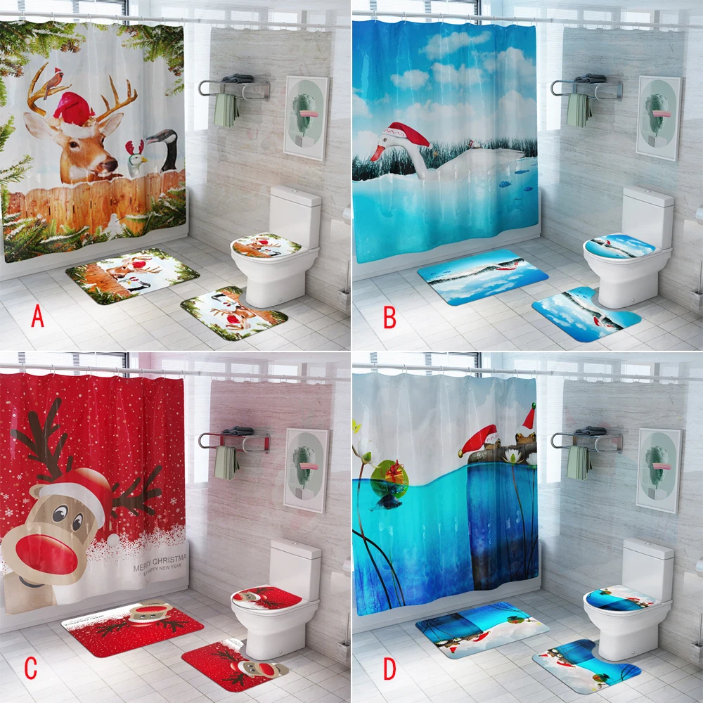 

Merry Christmas Bathroom Set Animal Elk Duck Pattern Waterproof Shower Curtain and Toilet Seat Cover Mat Non Slip Rug Home Decor