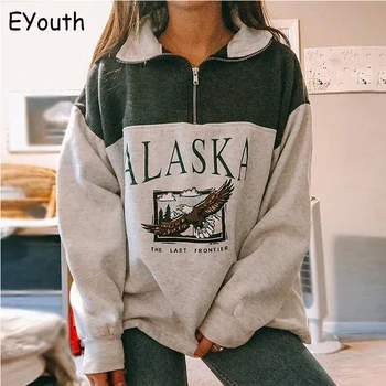 

Fashion women's cotton Stand collar half zipper letter printing long sleeve sweatshirts Vintage Grey casual loose sweatshirt