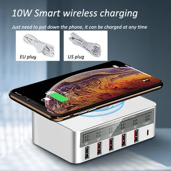 

Wireless Charger QC 3.0 4USB Ports Smart Charging Multi-Port Destop Charger LCD Digital Display Station Multi-Port USB Charging