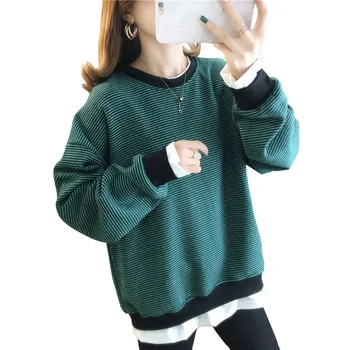 

Women Fake Two-piece Stripe Fleece Loose Long Cotton Small Round Collar Fleece Sweatshirt Streetwear Womens Clothing Free Mail