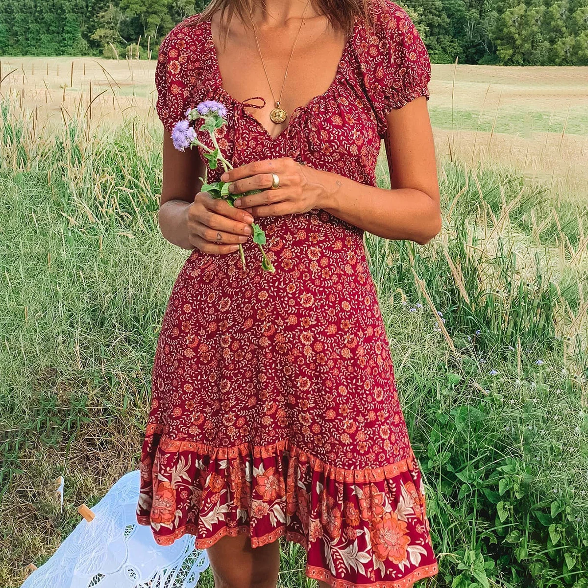 

TEELYNN puff Print Short Sleeve Mini Dresses Women vintage red Floral Beach Summer Dress 2020 Boho beach cotton vestidos robe
