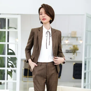 

High quality women's suit Work clothes Business office long sleeve check jacket female pants suit Winter women's two-piece 2019