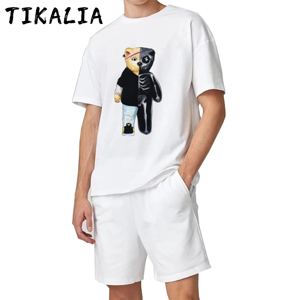 Ropa de verano para hombre, conjunto de pantalones cortos y manga corta con gráfico de oso, chándal de algodón, ropa de calle, Color sólido