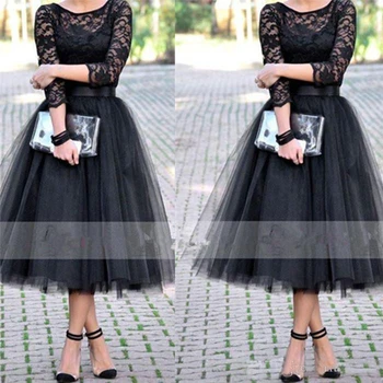 

2020 Long Sleeves Short Evening Dresses Scoop Black Lace Formal Prom Gowns Cheap Custom Made Tea Length Special Occasion Wear