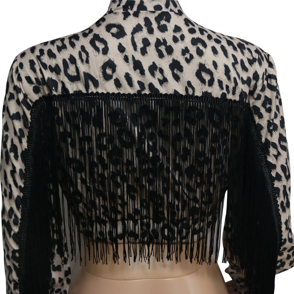wonderful  Tsuretobe Autumn Leopard Print Tassel Jacket Women Fashion Sexy Long Sleeve Crop Coat Zipper Winter