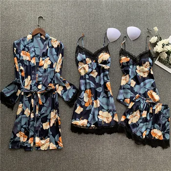 

Smmoloa 4 Piece Silk Robe Women Silk Pajamas Set satin pajama sets