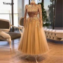 Verngo High Neck Gold Prom Dresses Tea Length Long Sleeves Tulle Vintage Formal Party Gowns Lace Applique Beads Evening Dress