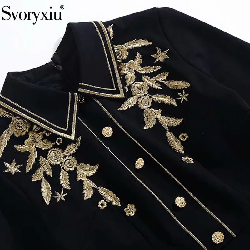 Svoryxiu, подиум, дизайнерское, Осень-зима, вечерние, черное, Русалка, платье, женское, длинный рукав, золотая линия, вышивка, высокое качество, платья