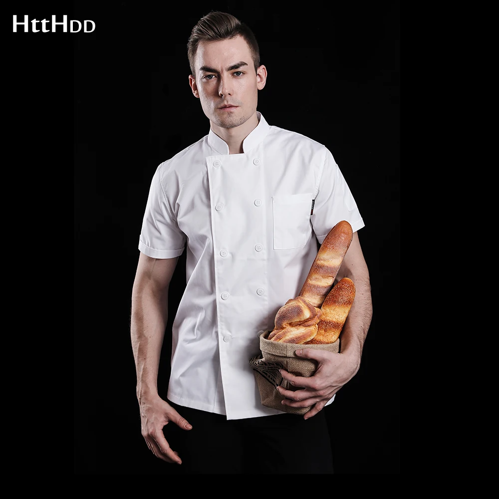 

High quality breathable Solid color short-sleeved chef uniform unisex chef jacket cafe chef uniform restaurant waiter uniform