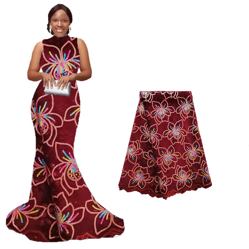 

African Wine Red Velvet Sequins Lace Fabric Nigerian High Quality French Mesh Velvet Lace With Sequin For Women Dress
