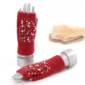 

Fingerless Mitts Women Cashmere Gloves Wool Knitted Winter Warm Rabbit Fur Pearl Beaded Female Mittens Half Finger Luvas Guantes
