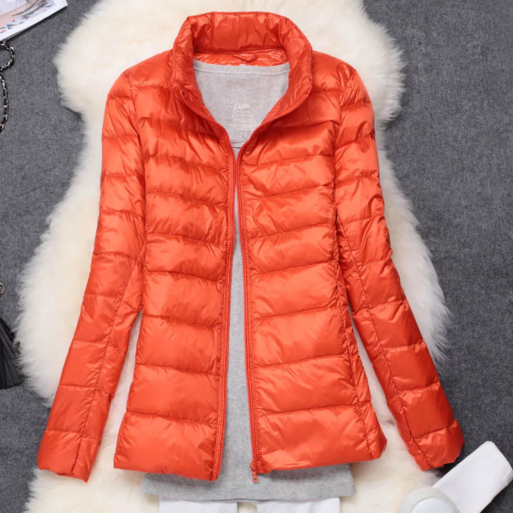 Зимняя женская куртка, ультра-светильник, 90% утиный пух, куртка с длинным рукавом, тонкое пальто, теплая парка для женщин, портативная, ветрозащитная, осенняя верхняя одежда - Цвет: Orange
