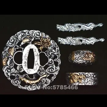 

High Quality Copper Dragon Plated With Gold & Silver Guard Tsuba Menuki Fuchi Kashira For Japanese Samurai Katana Sword