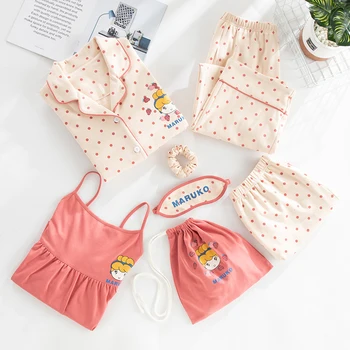 

MELIFLE 7 Pieces Women's Pajamas Sets Wave Point Cartoon Print Cotton Sleepwear Winter Turn-down Collar Summer Sling Nightwear