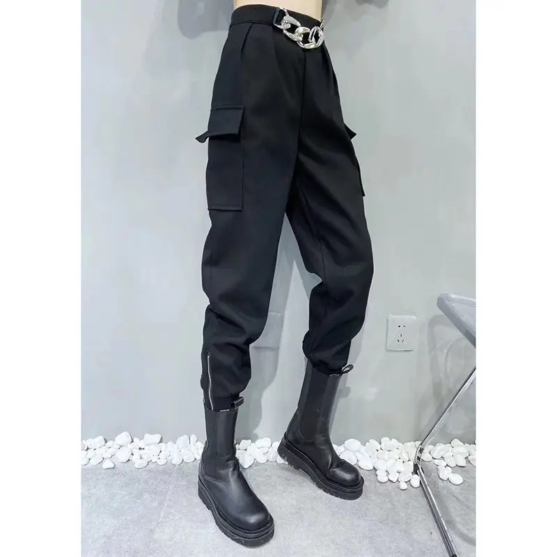 

Autumn Ankle-Tied Cargo Pants Women's High Waist Black Trousers Female Harem Pants Fashion Chain Pants Punk Women Bottoms Pants