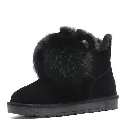 Австралийские зимние ботинки из натуральной воловьей кожи женские короткие зимние ботинки на меху Зимние ботильоны с помпонами обувь для девочек - Цвет: Черный