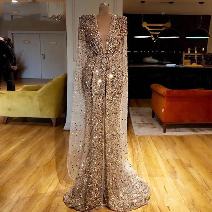 

Bling Champagne Gold Sparkly Fabric Kaftan Evening Dress Dubai Islamic Prom Dresses Mermaid Celebrity Party Gowns Robe de soire