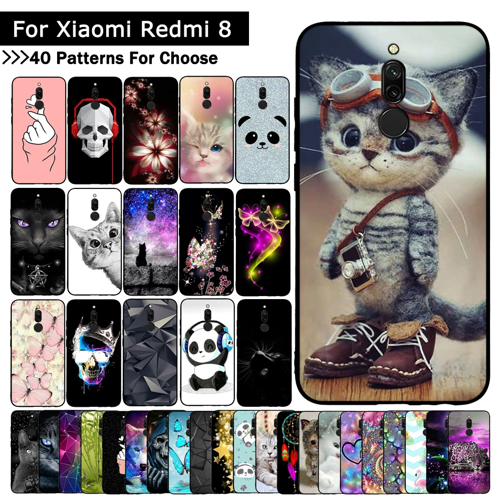 Чехол для Xiaomi Redmi 8 Модный чехол с котом Черная задняя крышка чехлы телефонов