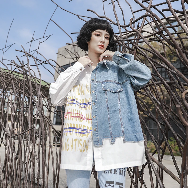 

2020 New Spring Original Design Spliced Women Blouse Denim Patchwork Girl Tops Ins Hip Hop Style Individual Blouse Chemisier