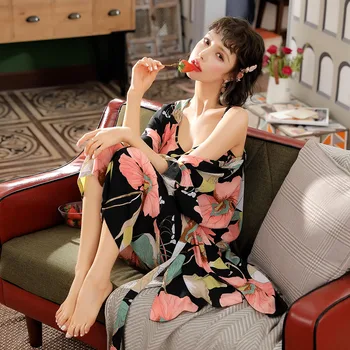

Fadzeco Ladies Pajama Set Cotton Satin 3Pcs Set Cami Top+Short+Kimono Cardigan Floral Printed Elegant Female Sleepwear Homewear