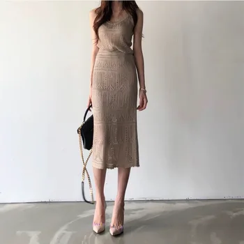 

New Summer Woman 2 Piece Sets Knitted Vest Matching Long Skirt High Waist Casual Hollow Out Elegant Suits CF024
