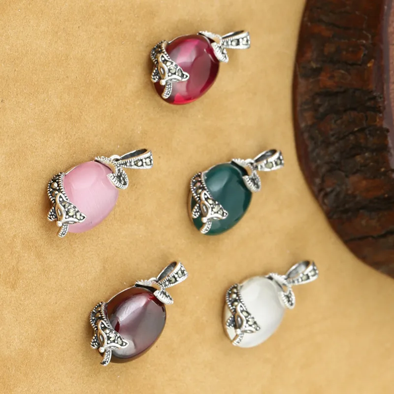 925 Sterling Silver Jewelry Retro Thai silver Women Five Style Models Exquisite Fox Inlaid Marcasite Opal Small Pendant