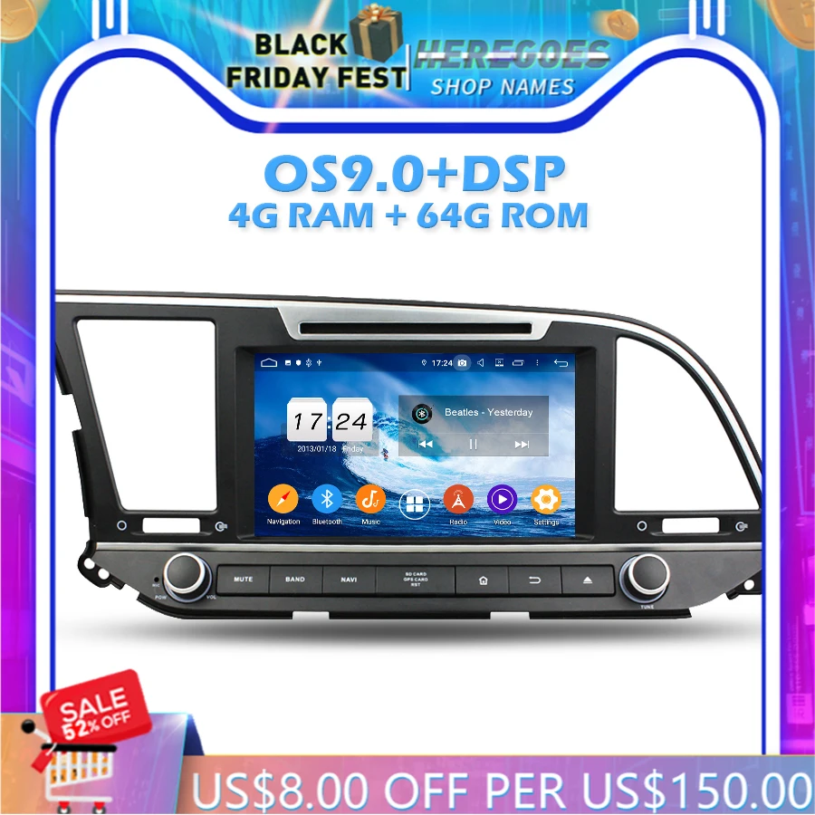 

1280*720 DSP IPS Android 10.0 4GB +64GB + 8 Core Car DVD Player GPS RDS wifi Bluetooth 4.2 2 Din for Hyundai ELANTRA 2016 2017