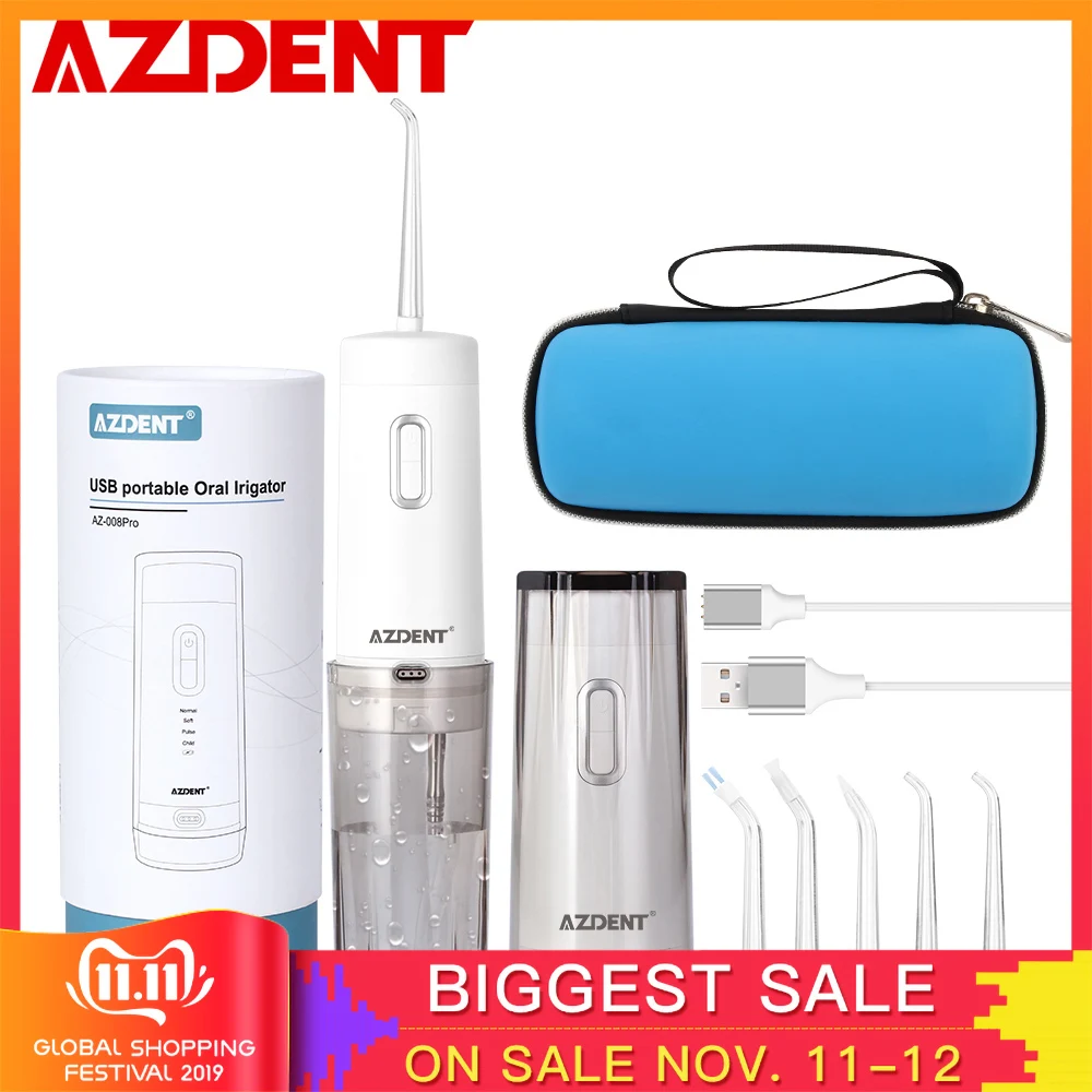 Günstig 1 Kit AZ 008 Pro Munddusche mit Reise Fall Tasche USB Akku Tragbare Wasser Dental Flosser Wasserdichte 210ML 5 T