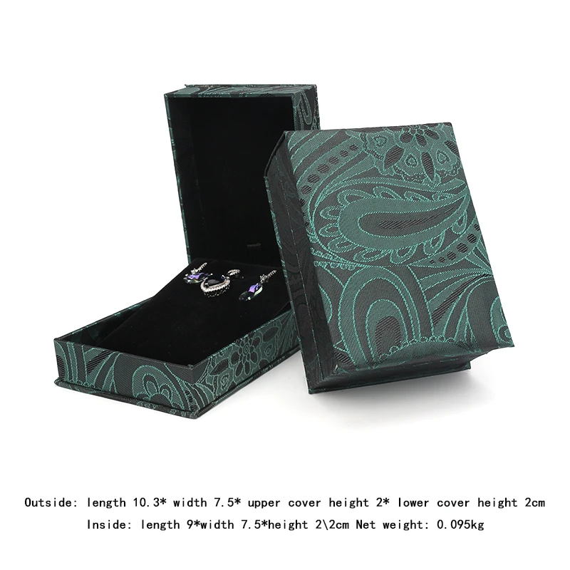 

Green New Plastic Gold Silk Brocad Embroidery Series Jewelry Set Ring Necklace Storage Box Built-in Plush Card Slot For Gifts