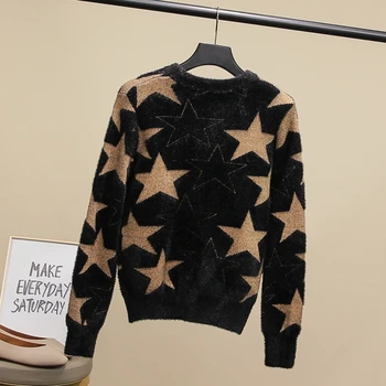 

Faux Mink Cashmere Sweater Fall Winter Thick Warm Women Sweater O-Neck Gold Line Star Pattern Long Sleeve Pullovers Knitweare