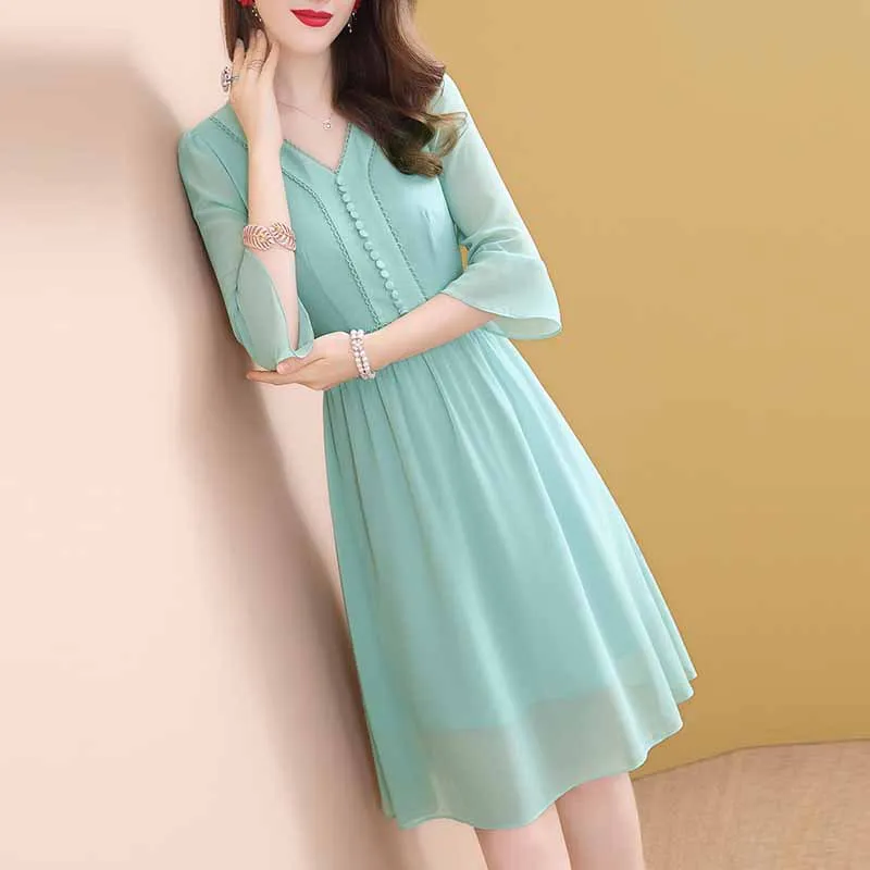 

Ozhouzhan Green V-neck Chiffon Dress Women's 2019 New Style Mid-length Spring And Summer Popular Summer Skirt Hot Selling
