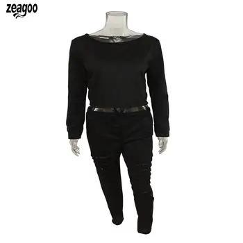 

Women Casual Holes Long Sleeve Crop Ankle Length Spring/Autumn Top Clothes Sweatshirt Solid Pants Set