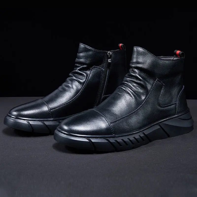 Men Snow Boots Men TPR Durable Outsole Leather Shoes New Fashion Short Plush Warm Fur Winter Boots Men's