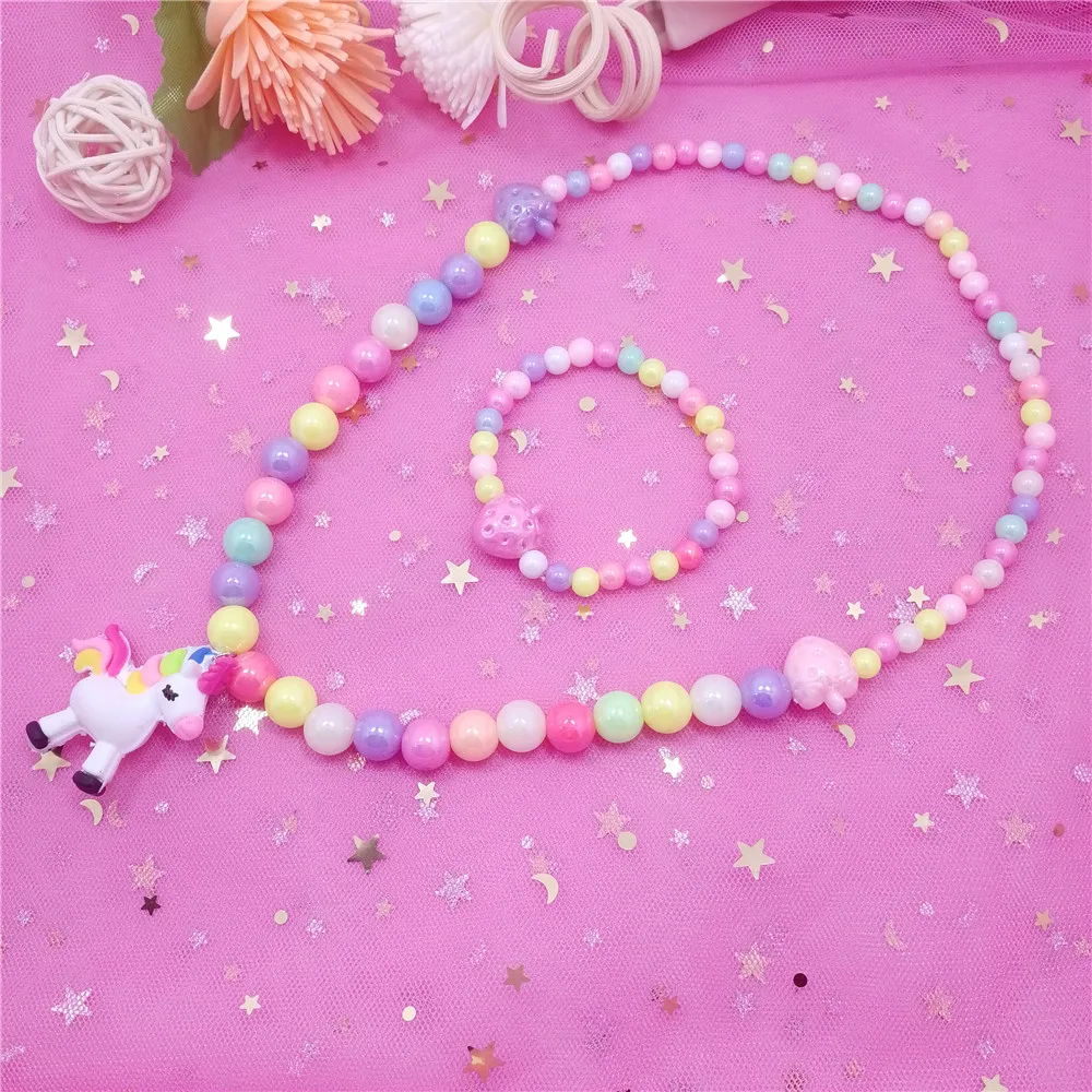 Necklace Bracelet Красочные принцесса конфеты бисера цепи прекрасный единорог животное кулон девушки ожерелье браслет набор подарок для детей детские ювелирные изделия - Окраска металла: Necklace Bracelet