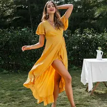 Simplee Платье Бохо С v-образным вырезом и рюшами, сексуальное хлопковое Пляжное Платье макси с коротким рукавом, повседневное однотонное желтое весеннее летнее платье с запахом