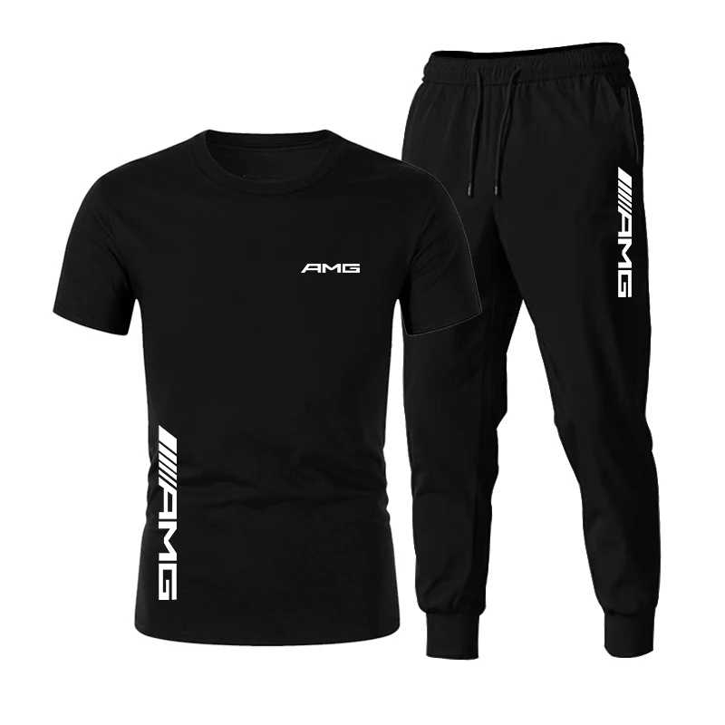 men's loungewear sets Summer new AMG fashion Trend men's Suit personalized fashion Printing Sports short-sleeved T-shirt + Sports Casual trousers Suit mens 2 piece set