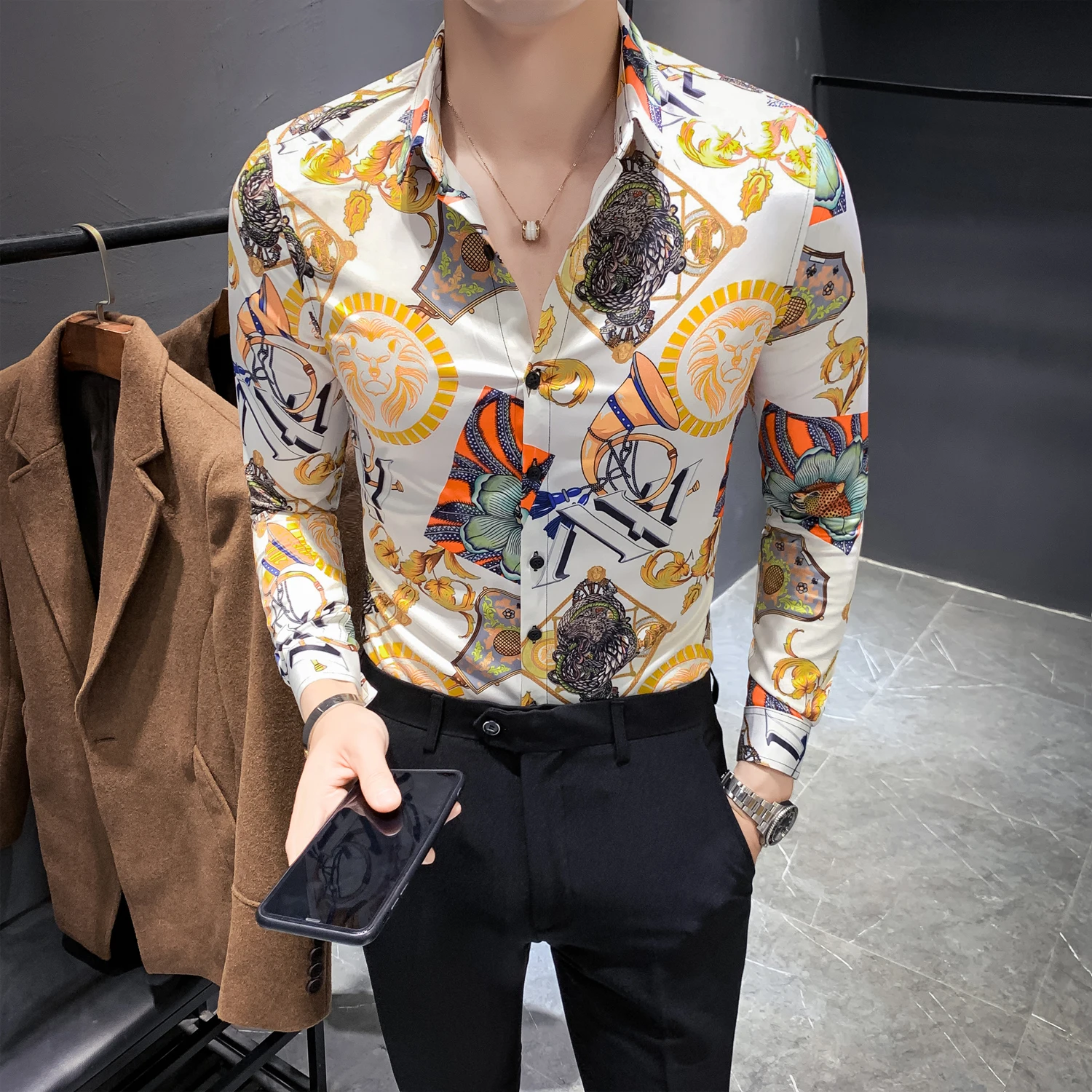 Зимние мужские хлопчатобумажные рубашки Slim Fit Fancy Printed с длинным рукавом мужская одежда с цветочным принтом мужские дизайнерские рубашки
