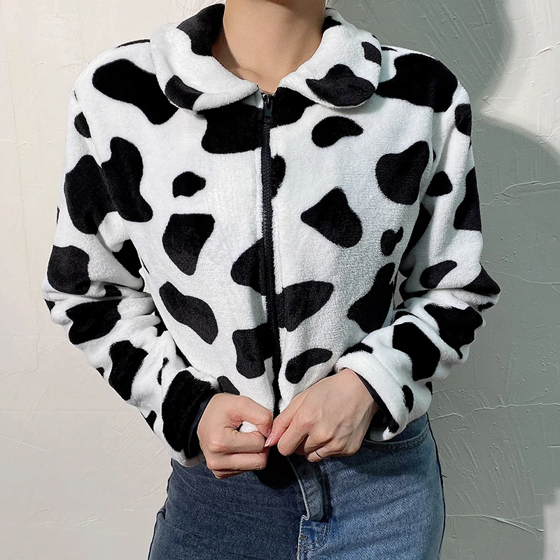 Promo Rockmore Milk Cow Print Winter Coats And Jackets Woman Bodycon Zipper Turndown Coat Harajuku Autumn