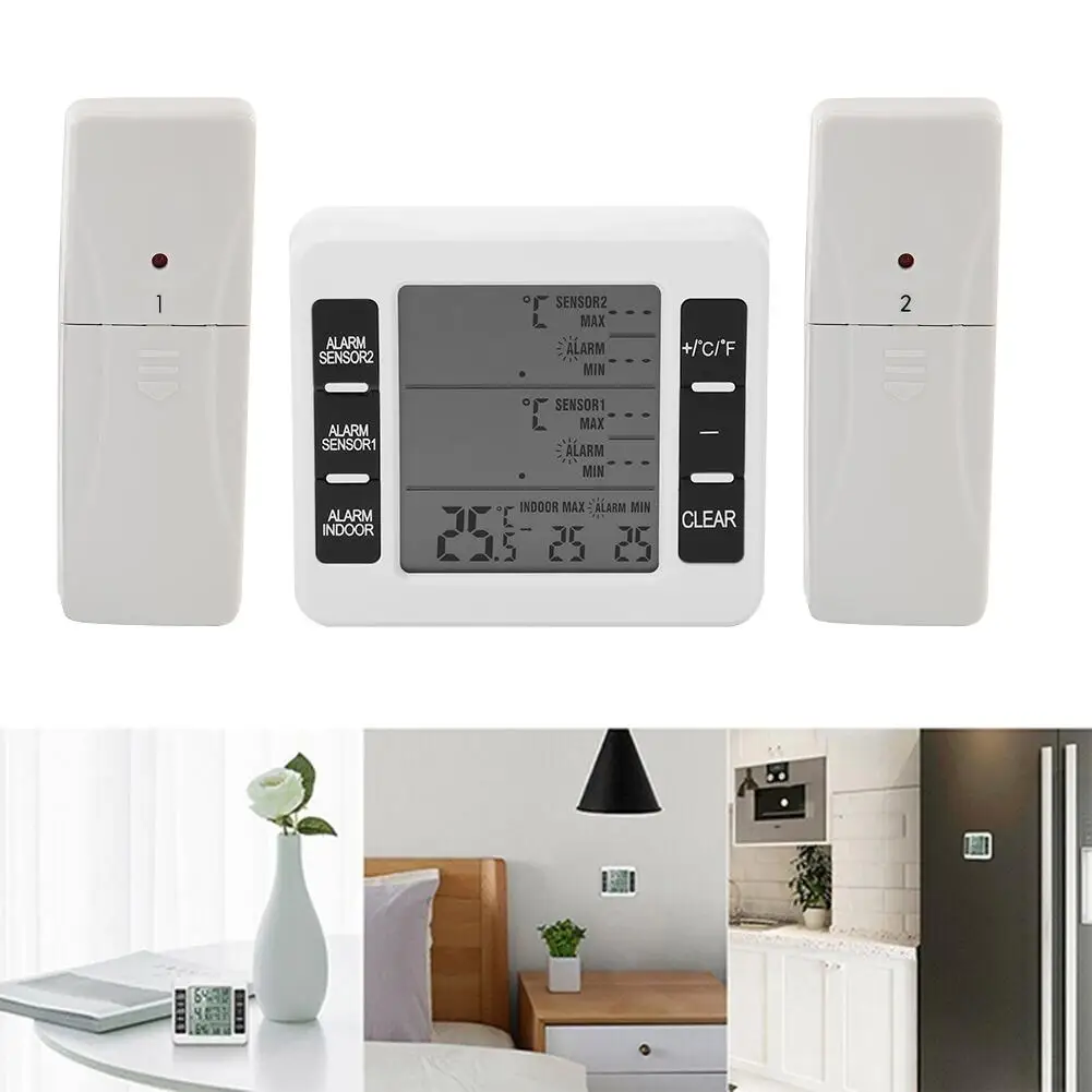 Wireless Digital Audible Alarm Refrigerator Thermometer Cold Storage with 2pcs Sensor For Indoor & Outdoor |
